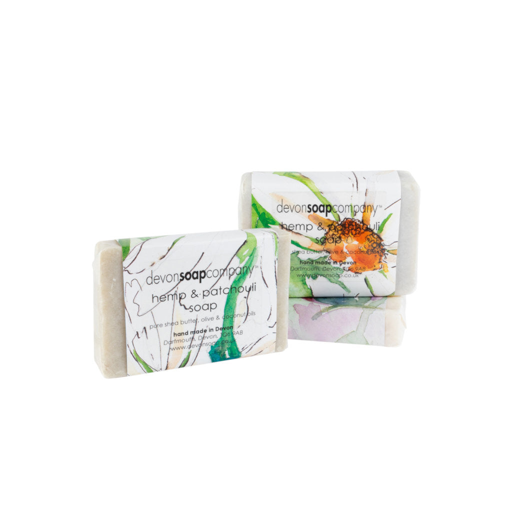 Hemp and Patchouli soap bar wrapped in a green and brown watercolour label