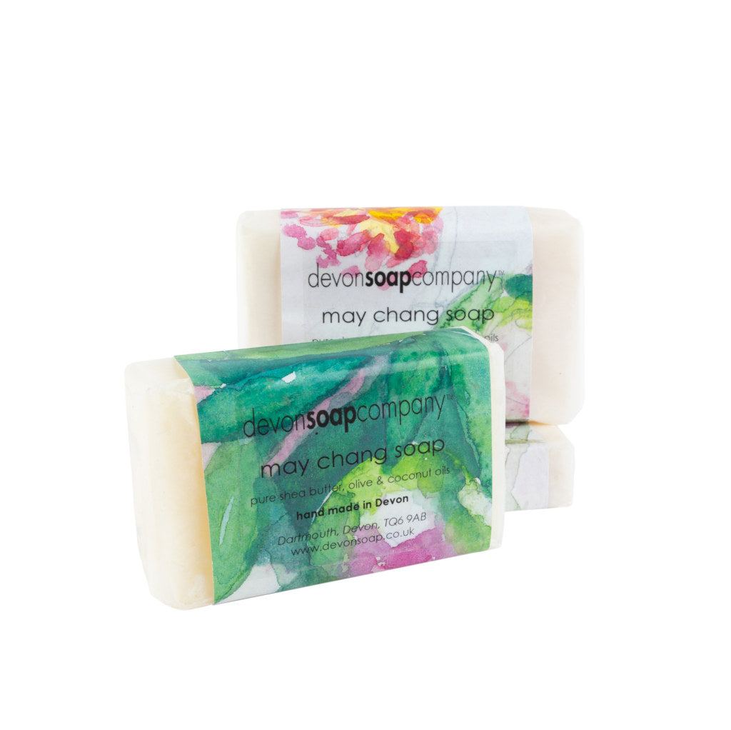 May Chang soap bar pair by The Devon Soap Company, wrapped in a green leaf watercolour label