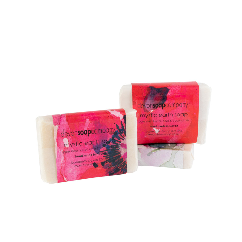 Mystic Earth soap bar pair, wrapped in a hot-pink watercolour label printed with the Dartmouth postcode